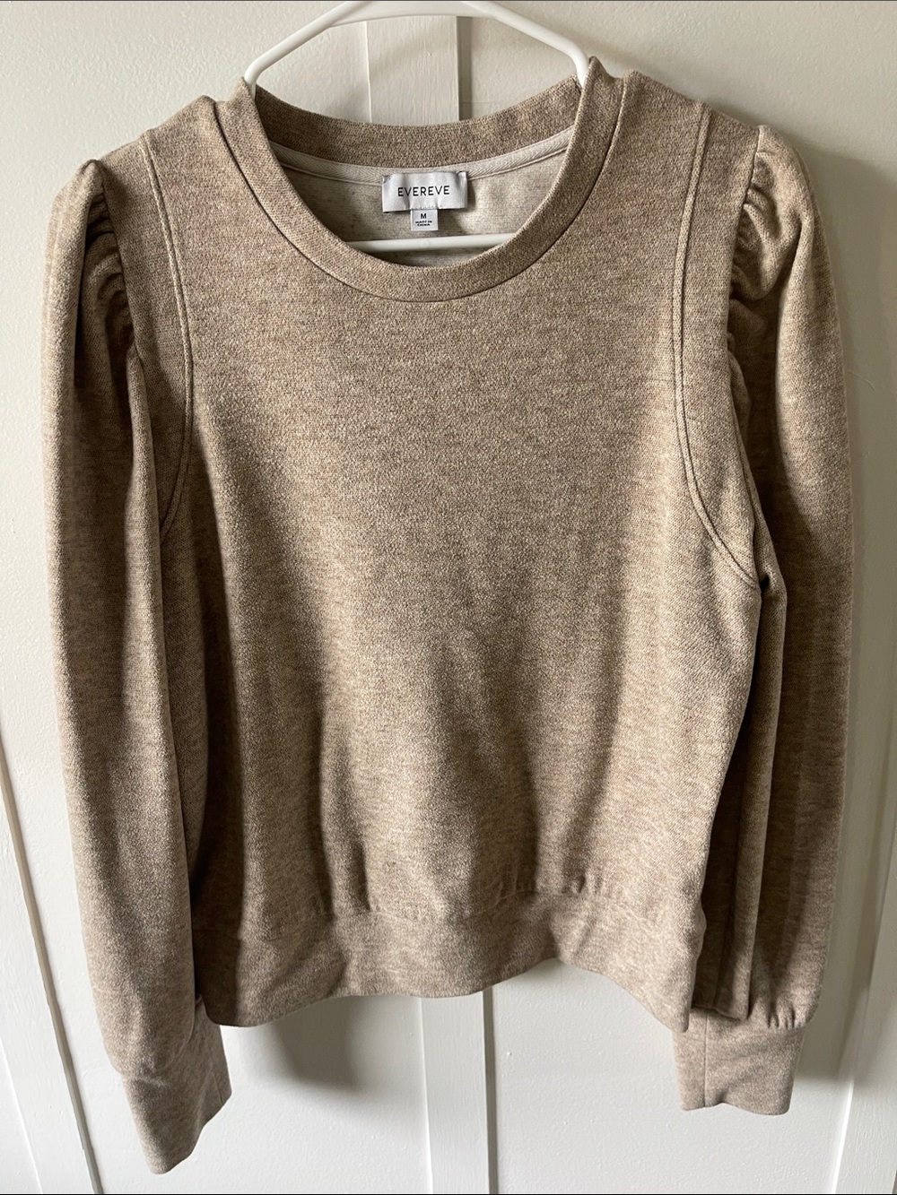 Evereve Neutral Taupe Puff-Sleeve Crewneck Sweater